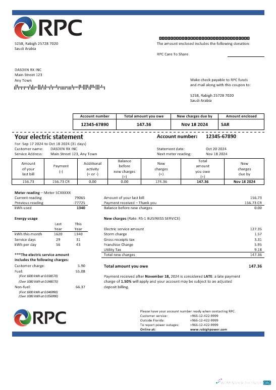Download Saudi Arabia Rabigh Power Company business utility bill, Word and PDF template Photoshop template
